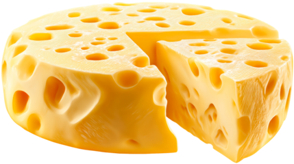 Delicious Swiss cheese with iconic holes, a cut wedge showcasing its texture, perfect for food advertising, recipe blogs, and culinary presentations.