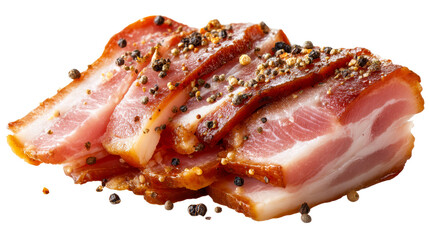 Succulent slices of seasoned smoked bacon are scattered with peppercorns and spices, perfect for culinary use or food advertising campaigns.