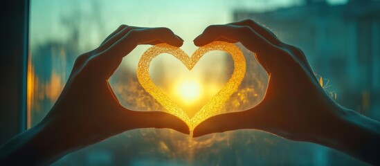 Hands holding heart shape, sunset through window