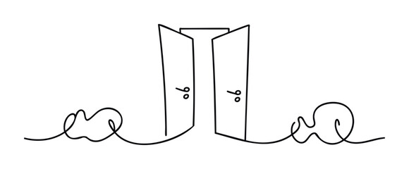 Minimalist single line drawing of an open doorway with stylized path leading away and motivational word go on each side, symbolizing new opportunity and choices for growth and progress.