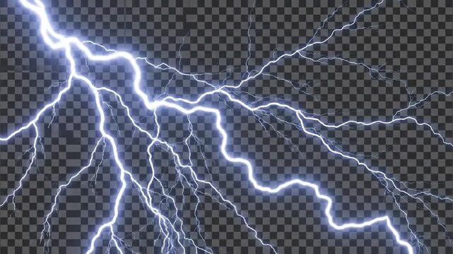 Close-up view of bright white lightning bolts against a transparent background.