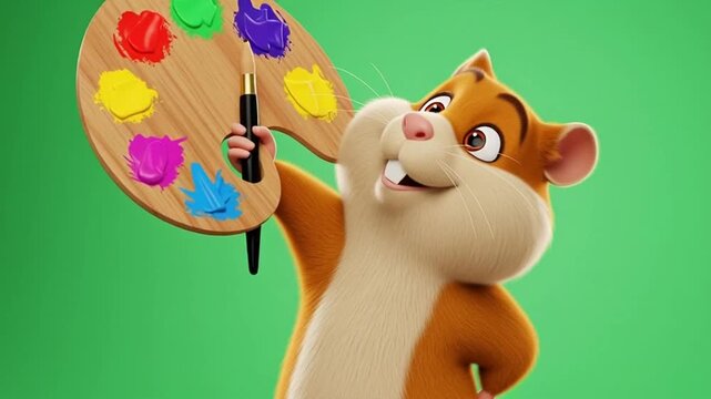 cute cartoon hamster getting ready to paint with his painting tools
