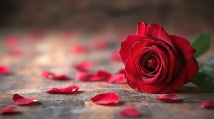 Red rose on wooden surface; romantic, beautiful