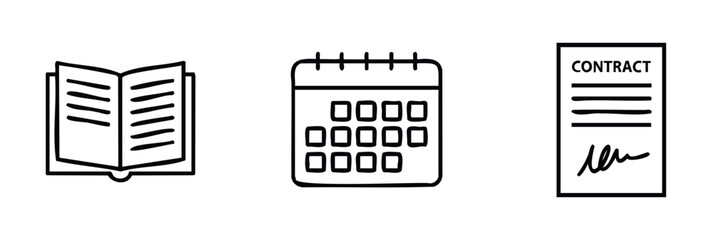 Simple hand drawn icons representing a book, calendar, and contract document for business and education use