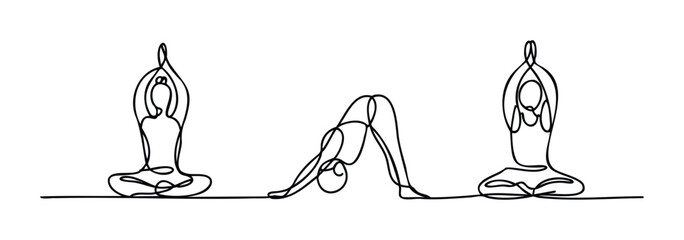 One line drawing of people performing yoga poses for wellness and fitness motivation, perfect for health and lifestyle content creation.