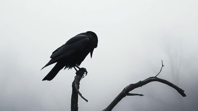 Silhouette of a raven perched on a branch in a misty monochrome landscape