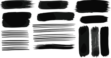 Collection of black brush stroke textures and lines on white background
