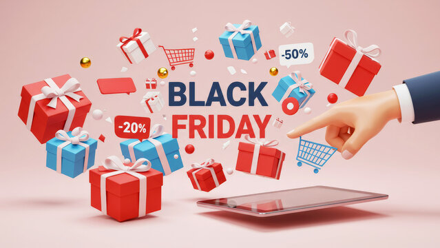 Male hand touching a virtual shopping cart above a tablet for Black Friday online sale promotion. Digital concept for e-commerce advertisement. - Powered by Adobe