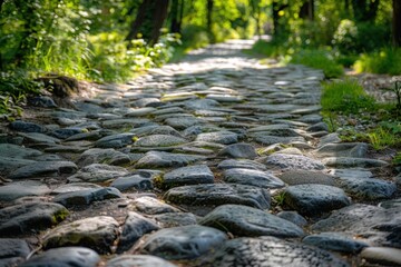 Naklejka premium Sunlit cobblestone path stretches through a tranquil forest, creating a serene and inviting atmosphere
