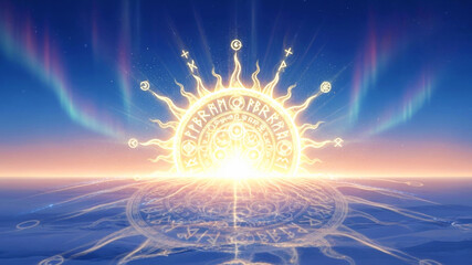 Slavic winter solstice korochun celebration. Bright sun with ancient symbols for revival. Pagan folk spirituality representation.