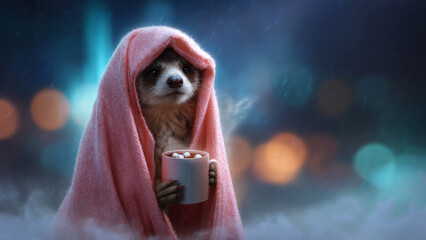 Raccoon wrapped in pink blanket holding a cup of hot cocoa with marshmallows. Cozy winter holiday mood. Christmas comfort.
