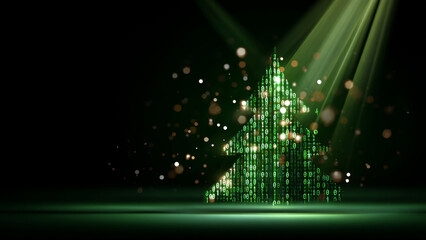 Digital Christmas tree made of glowing green binary code. Holiday future technology, software, and data concept for festive design.