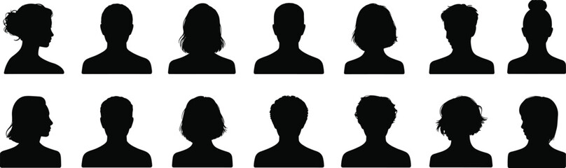 Diverse Collection of Black Silhouette Head Profiles of Men and Women woman