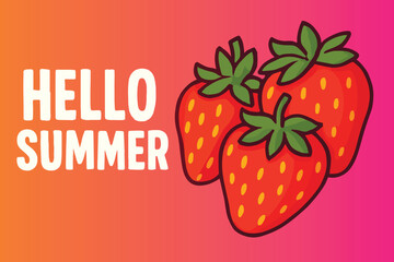 Bright summer background with three ripe strawberries outlined in black on an orange‑pink gradient. Bold white “Hello Summer” text adds playful energy, perfect for banners, ads, and social media.