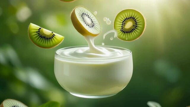 &ldquo;Yogurt with kiwi slices floating mid-air, green nature background with soft blur, 