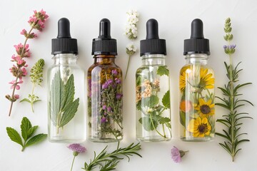 Herbal infusions in dropper bottles with fresh botanicals and dried herbs