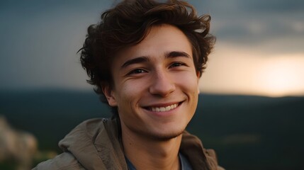 A handsome young man with curly brown hair beams a joyful authentic smile outdoors set against a beautiful cloudy dusk sky with warm horizon light
