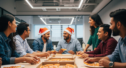 Diverse business team celebrates holidays with a cheerful office pizza party, wearing Santa hats in a modern workspace.