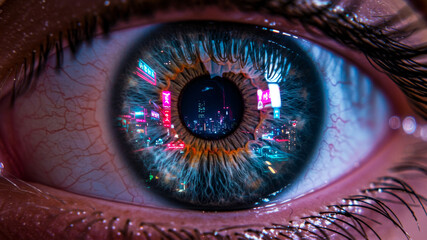 Close up of a human eye reflecting a cyberpunk night city with neon lights. Vision futuristic cityscape, digital world, technology concept.