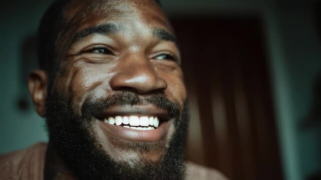 Close-up of a bearded man laughing joyfully, eyes squinting and teeth showing.