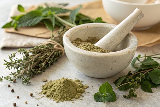 Mortar and pestle with herbs and spices for natural remedies and traditional medicine