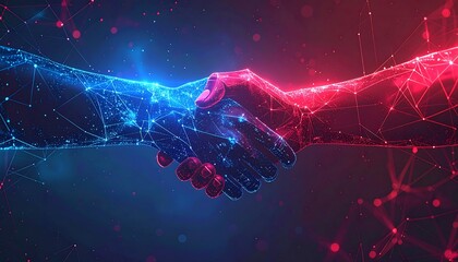 Digital hands meeting in handshake, blue and red neon light