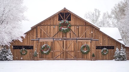 A rustic barn with wreaths hanging on the doors and a snow-covered roof. .