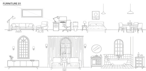 Obraz premium Furniture Layout: Meticulous line drawing showcases a curated selection of home furniture, meticulously arranged to portray the art of interior design 