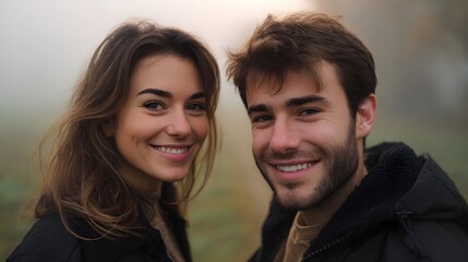A happy young couple shares a warm smile while looking at the in a beautiful misty outdoor setting