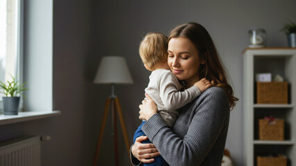 Woman hugging her child indoors, portraying a moment of love and family bond. Maternal tenderness and infant comfort.
