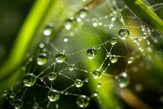 Extreme macro spider web strings with morning dew droplets for natural network connection concept