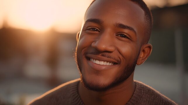 A joyful man s radiant smile captured outdoors at sunset illuminated by warm golden hour light