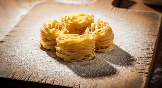 Four bundles of fresh pasta dusted with flour on a rustic wooden cutting board in a home kitchen - Powered by Adobe