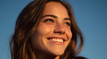 Close up portrait of a young woman with freckles smiling brightly bathed in warm golden hour sunlight under a clear blue sky