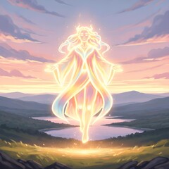 Celestial Elegance: A Luminous Spirit Ascends Amid a Serene, Pastel-Hued Landscape, Radiating Calm, Uplifting Energy and Timeless Grace in Radiant Harmony