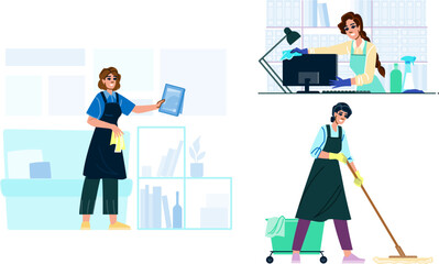 Professional cleaning women performing various service tasks