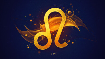Gold leo zodiac sign with abstract golden glow and subtle particle effects on a dark blue background for astrology and horoscope content.
