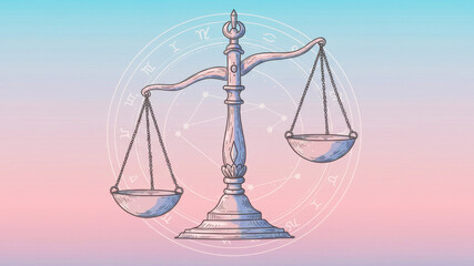Drawn libra zodiac sign with balanced scales and an astrological wheel on a gradient pink and blue background. Horoscope and astrology concept for design and forecast.
