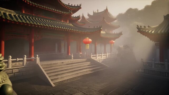 Chinese shrine with iconic curved rooftops, set in a foggy morning atmosphere