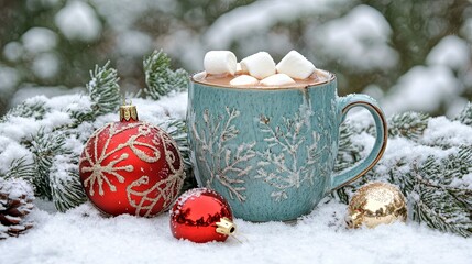 A frosty mug of hot chocolate with marshmallows, placed on a table with snow-covered pine branches and festive ornaments .