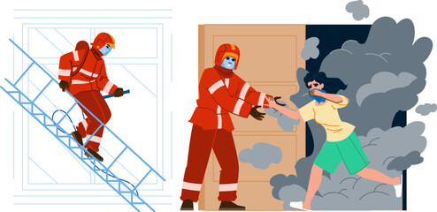 Firefighter helping victim during house fire evacuation mission