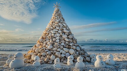 Christmas tree made of seashells on beach, sand snowmen, ocean backdrop .