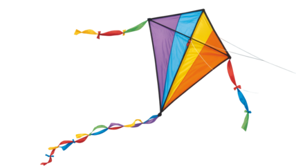 Catching summer breezes with a vibrant rainbow kite flying high against the black sky for carefree outdoor fun isolated on white background