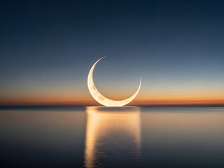 Stunning crescent moon rising over calm ocean water reflecting warm sunset glow under starry twilight sky