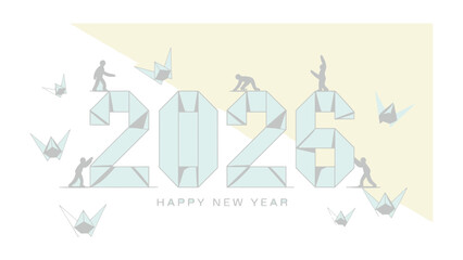 Embracing the future 2026: A minimalist and elegant illustration showing figures building the year 2026, surrounded by origami birds, symbolizing hope, progress and the advent of the new year.