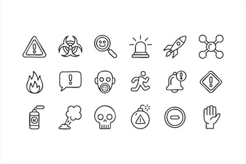 Fototapeta premium Minimal safety icons showing fire, toxic risk, alerts, and emergency actions
