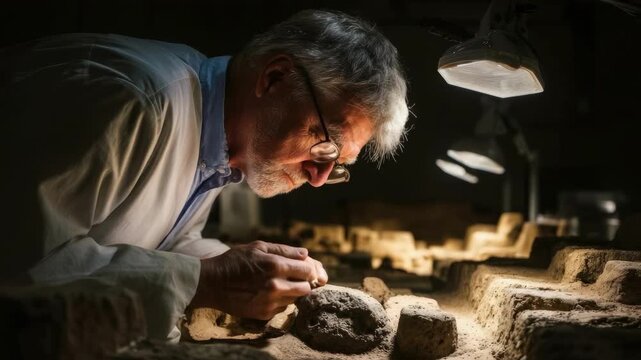 An elderly archaeologist carefully examines clay artifacts at an excavation under a bright lamp.