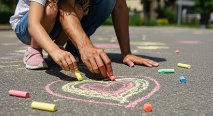 Man and child drawing heart on asphalt with chalk. Family creating street art together. Father and his child activity or kid game.