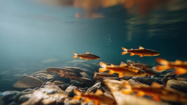 A school of brown trout swimming underwater over a rocky riverbed.