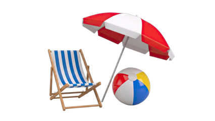 Beach Accessories: Beach Chair, Umbrella, and Ball on White
